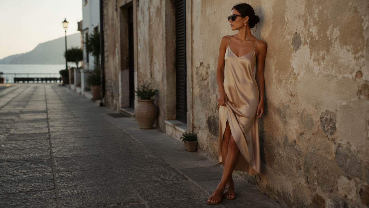 donna con abito sottoveste poggiata al muro di un edificio 