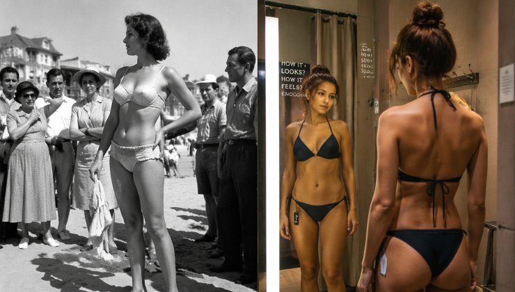 Confronto tra una donna in bikini sulla spiaggia nel 1946 e una donna che si osserva allo specchio di un camerino oggi