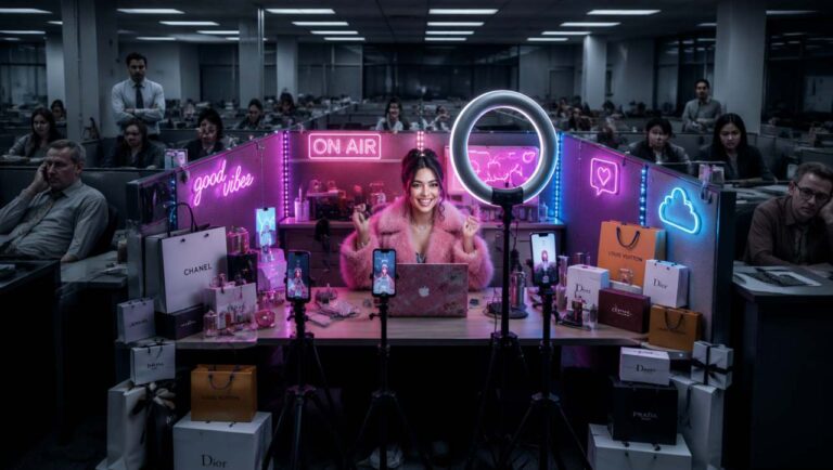 Una postazione colorata per fare i content creator con luci neon e ring light al centro di un ufficio grigio e deprimente con colleghi annoiati
