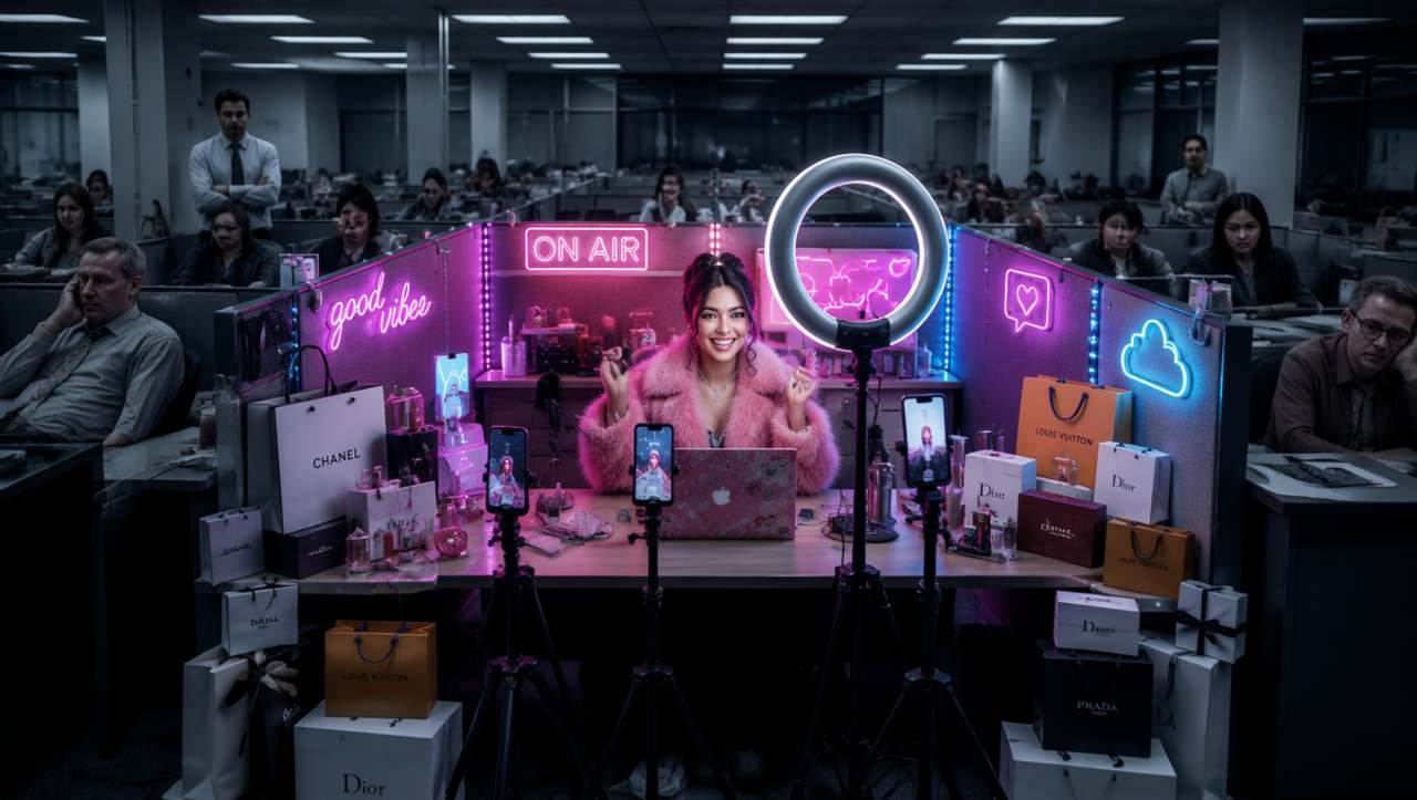 Una postazione colorata per fare i content creator con luci neon e ring light al centro di un ufficio grigio e deprimente con colleghi annoiati
