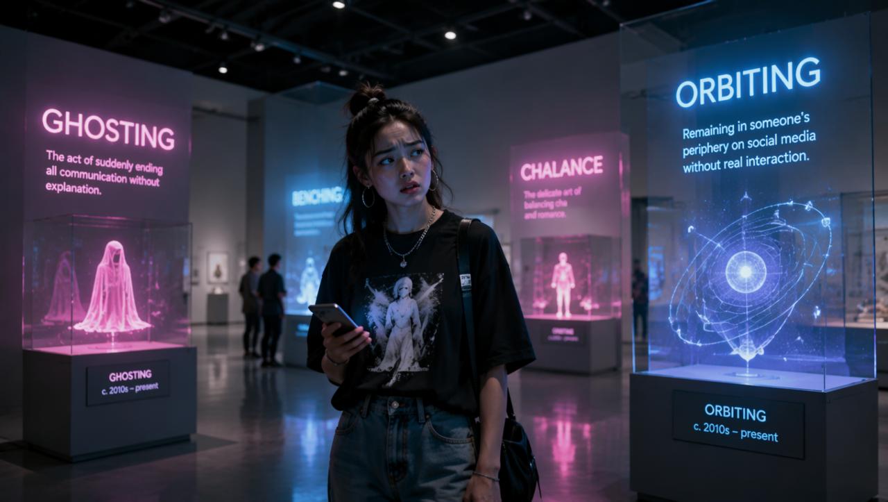 Una ragazza adolescente della Gen Z guarda confusa uno smartphone all'interno di un museo con installazioni olografiche al neon dedicate ai nuovi trend del dating, tra cui esposizioni luminose per il ghosting e l'orbiting