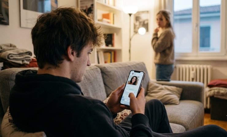 Dettaglio ravvicinato di un ragazzo che usa lo smartphone sul divano mostrando la foto di una ragazza sullo schermo, mentre la sua partner è sullo sfondo sfocata e pensierosa.
