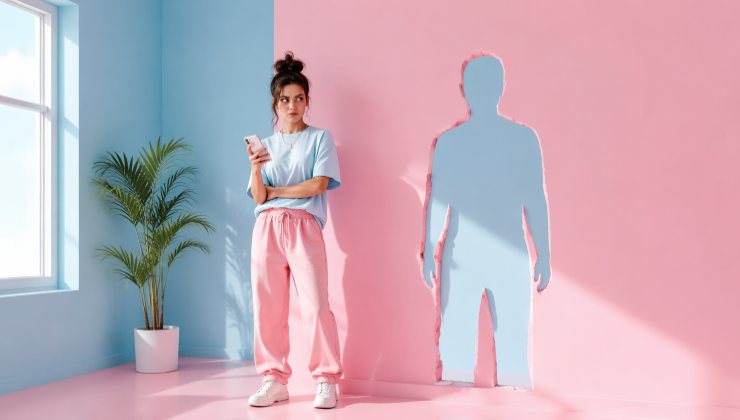 Ragazza della Gen Z infastidita con lo smartphone in mano, accanto a una sagoma umana vuota ritagliata in un muro rosa pastello