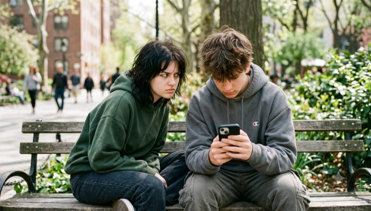 ragazzo con felpa grigia guarda concentrato il suo smartphone mentre una ragazza con felpa verde seduta accanto su una panchina lo osserva con un'espressione sospettosa