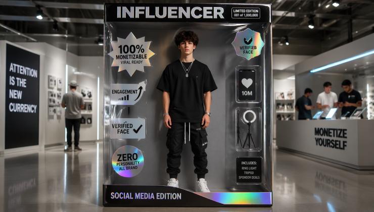 Un ragazzo esposto all'interno di una scatola di plastica a grandezza naturale con la scritta Influencer