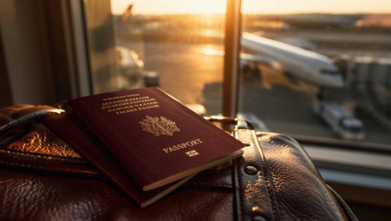 Passaporti bordeaux dell'Unione Europea appoggiati su una valigia in aeroporto al tramonto