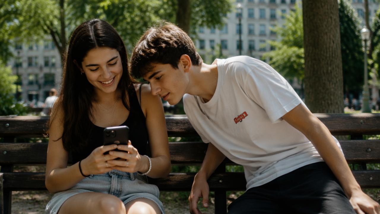 Due fidanzati adolescenti seduti su una panchina in un parco mentre lui sbircia lo schermo dello smartphone di lei