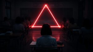 Una studentessa sudcoreana di schiena in un'aula buia di fronte a un grande triangolo geometrico luminoso rosso per la recensione della serie TV Il gioco della piramide