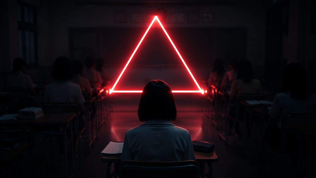 Una studentessa sudcoreana di schiena in un'aula buia di fronte a un grande triangolo geometrico luminoso rosso per la recensione della serie TV Il gioco della piramide