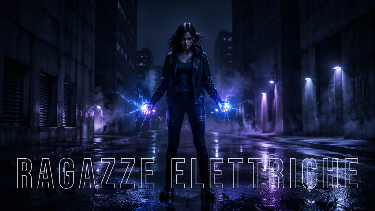 Copertina della recensione della serie tv Ragazze Elettriche con una giovane donna che sprigiona fulmini dalle mani in un vicolo buio