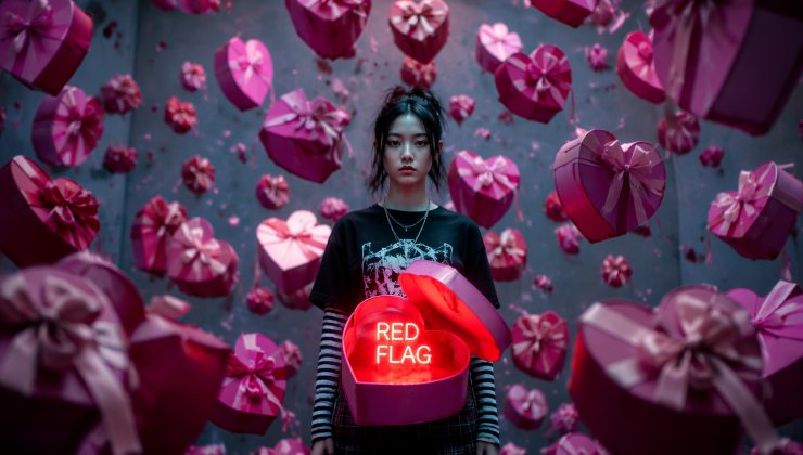 Ragazza della Gen Z impassibile circondata da scatole regalo a forma di cuore fluttuanti, mentre tiene in mano una scatola aperta con la scritta al neon "RED FLAG"