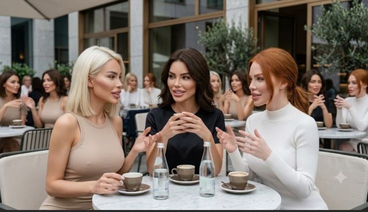 tre donne sedute ad un tavolo con visi uguali e capelli diversi
