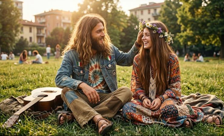 Una coppia di giovani in stile figli dei fiori degli anni '70 seduti sull'erba di un parco: il ragazzo ha capelli lunghi e giacca di jeans, la ragazza indossa un vestito bohémien e una corona di fiori. Accanto a loro c'è una chitarra acustica.