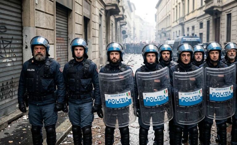 Agenti del reparto mobile in tenuta antisommossa in prima linea per ACAB la serie