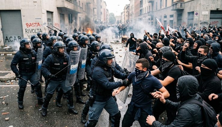 Scena di scontri tra polizia antisommossa e manifestanti 