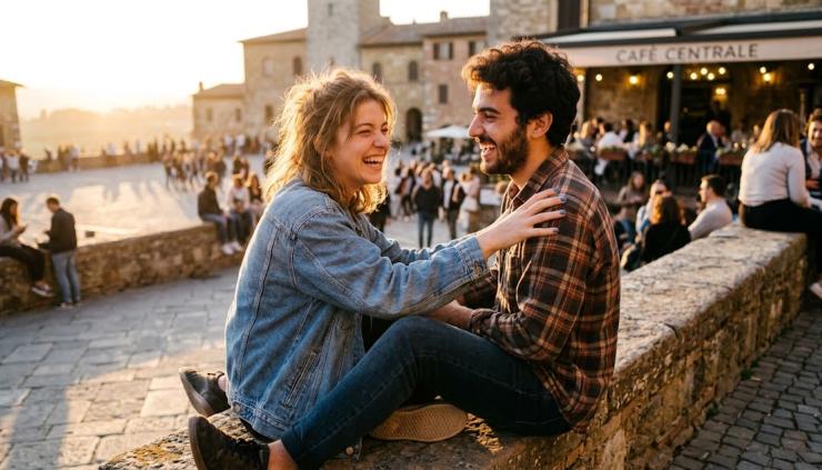 Due giovani seduti su un muretto di pietra ridono e scherzano spontaneamente all'aperto, davanti a un locale affollato al tramonto.