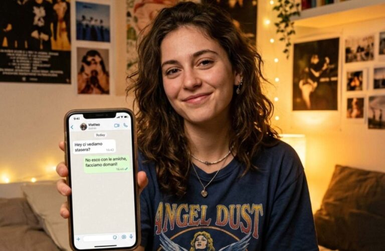 Una ragazza Gen Z seduta sul letto mostra lo schermo del suo smartphone in primo piano per spiegare cos'è la chalance nel dating