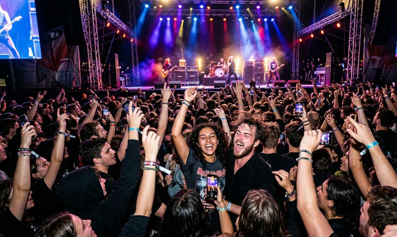 Folla di fan che salta e balla sotto il palco durante uno dei concerti di agosto 2026