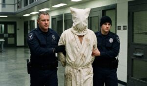 due guardie scortano un uomo incappucciato con accappatoio bianco per il film das experiment