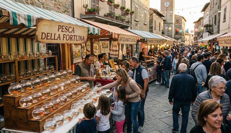 fiera con persone e banchetti che vendono anche pesci rossi in bocce