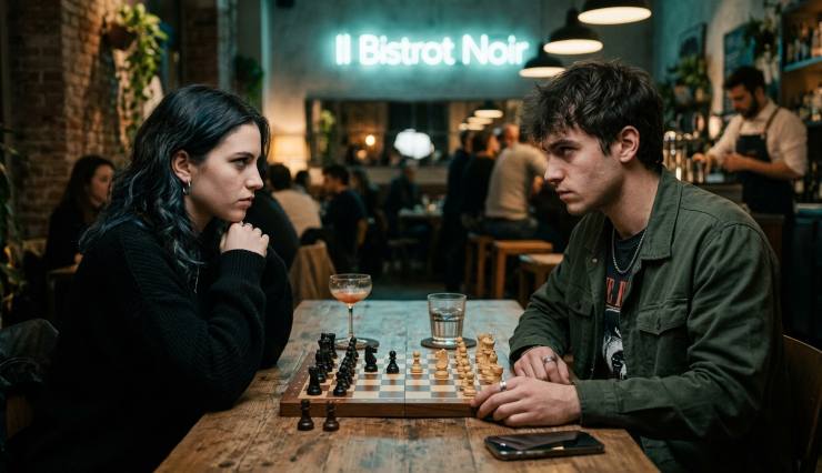 Due ragazzi della Gen Z seduti al tavolo di un bar si guardano intensamente con una scacchiera tra di loro, come metafora visiva dei giochi di potere e delle strategie tossiche nel dating online.