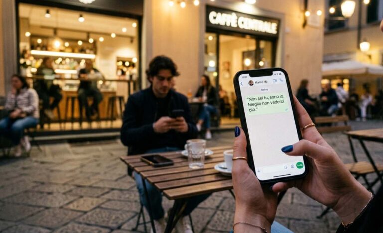Mano in primo piano con smartphone che mostra le frasi per lasciare una persona su WhatsApp. Sullo sfondo sfocato, un ragazzo è seduto al tavolo di un bar mentre guarda il telefono.