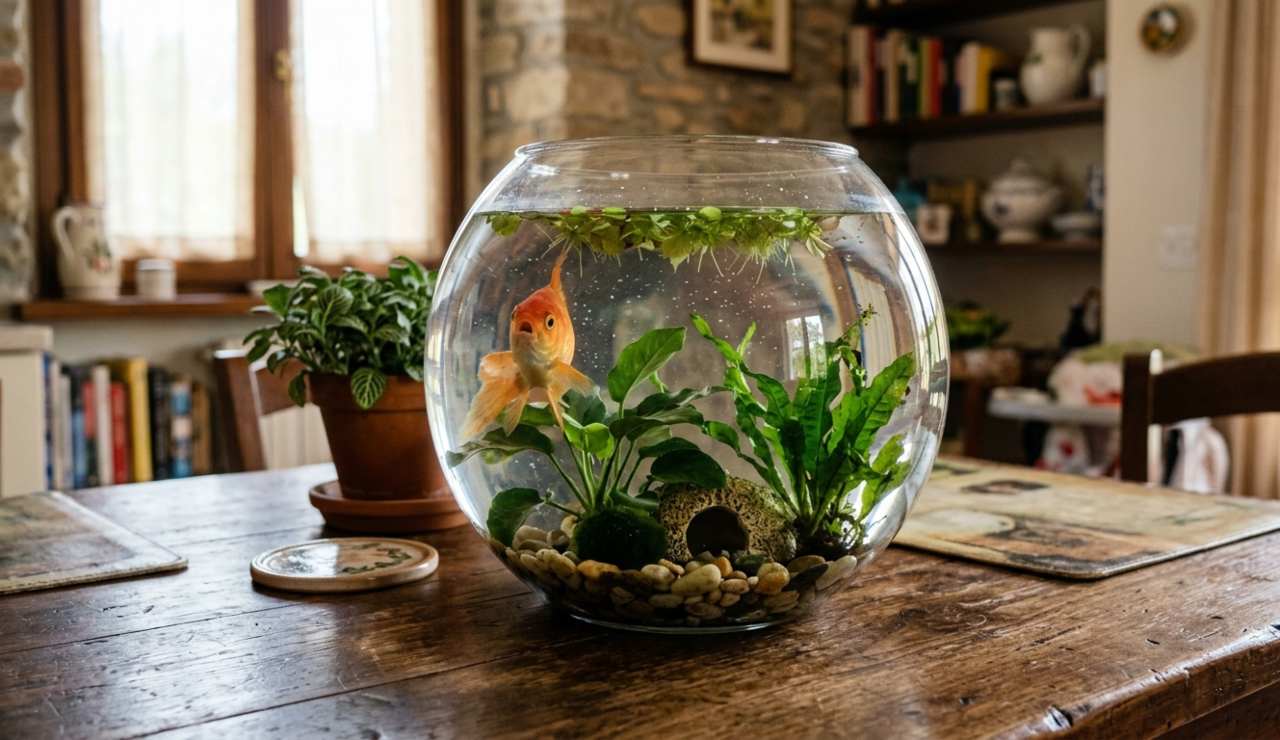Pesce rosso in una boccia di vetro rotonda sul tavolo di casa, esempio di come tenere un pesce rosso in modo errato