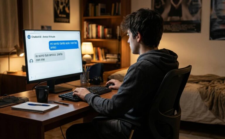 ragazzo di spalle alla scrivania nella sua stanza che chatta per il pezzo parlare con l'intelligenza artificiale