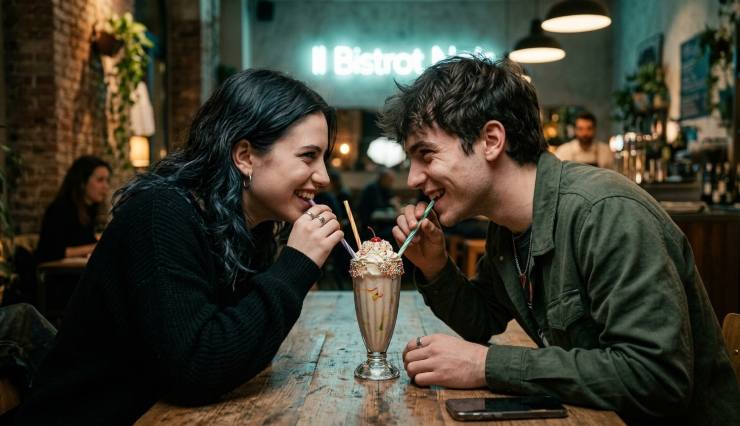 Due ragazzi della Gen Z, felici e sorridenti, seduti al tavolo dello stesso locale moderno mentre bevono un milkshake con due cannucce