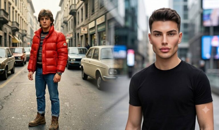 schermo diviso che mostra l'evoluzione dei trend generazionali: un paninaro degli anni '80 con giubbotto rosso a confronto con un ragazzo moderno dai lineamenti levigati da filler