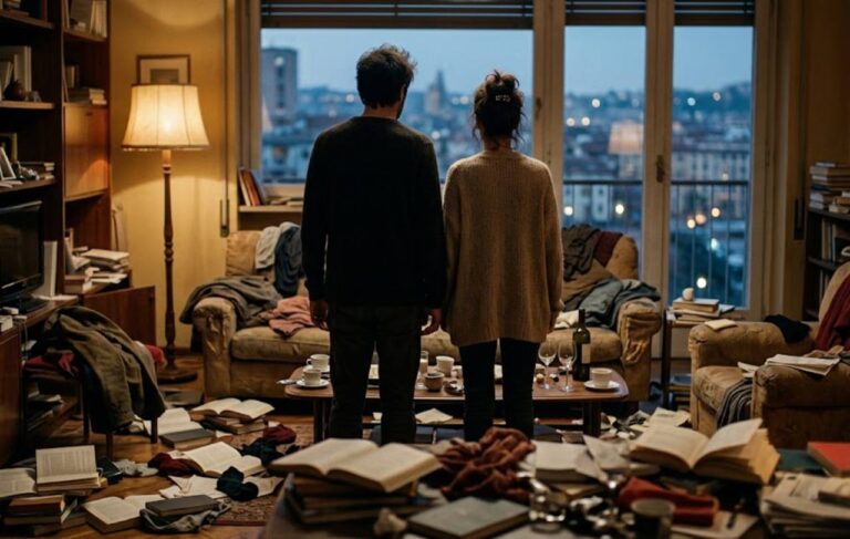 Due persone di spalle in un soggiorno disordinato e pieno di caos per la spiegazione di 30 notti con il mio ex