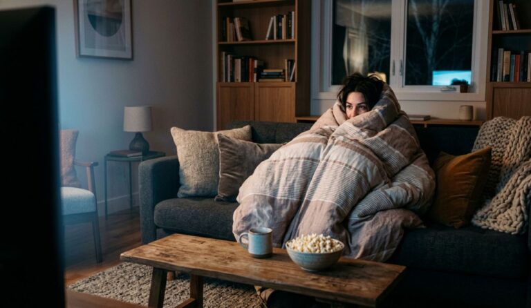 Persona sul divano sotto il piumone che guarda tv per articolo cosa vedere su Netflix e Prime Video in autunno