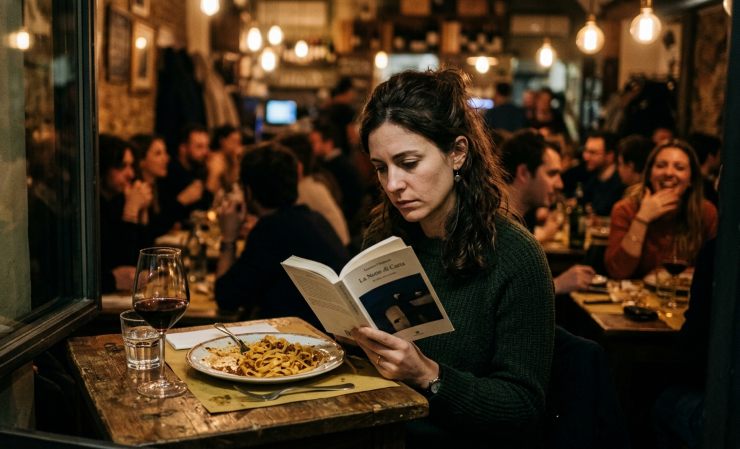 donna sola al ristorante che legge un libro