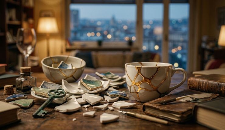 Pezzi di ceramica rotti su un tavolo e una tazza riparata con l'oro secondo l'arte del Kintsugi