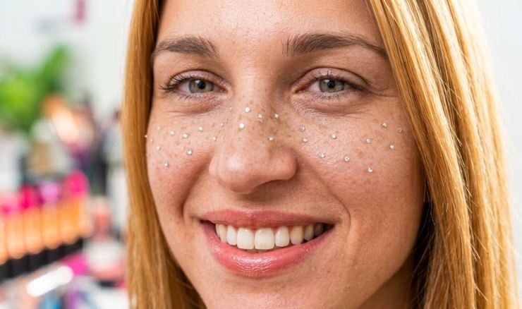 Primo piano del viso di una donna sorridente con piccoli brillantini trasparenti applicati sulle guance e sul naso