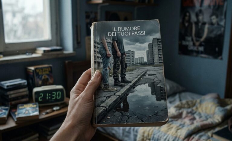 libro tenuto in mano all'interno di una camera da letto vintage, con la copertina che mostra due ragazzi e dei casermoni popolari per articolo il rumore dei tuoi passi recensione