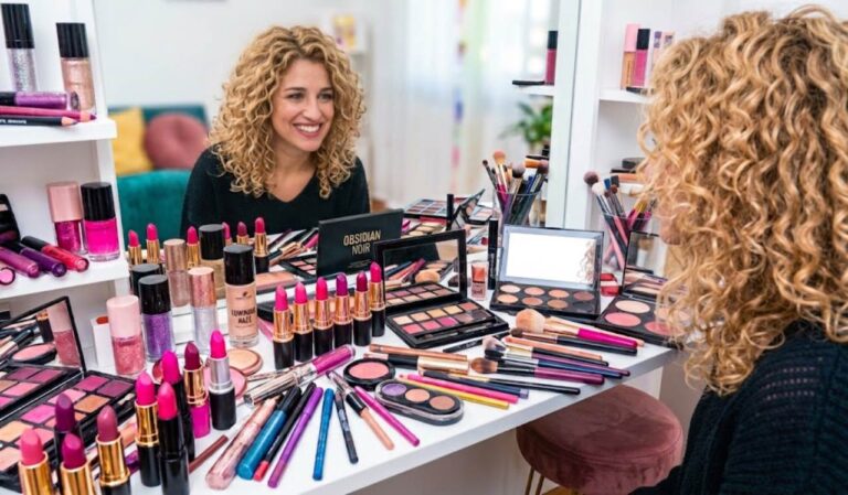 Donna sorridente davanti allo specchio circondata da cosmetici per le tendenze trucco autunno 2026