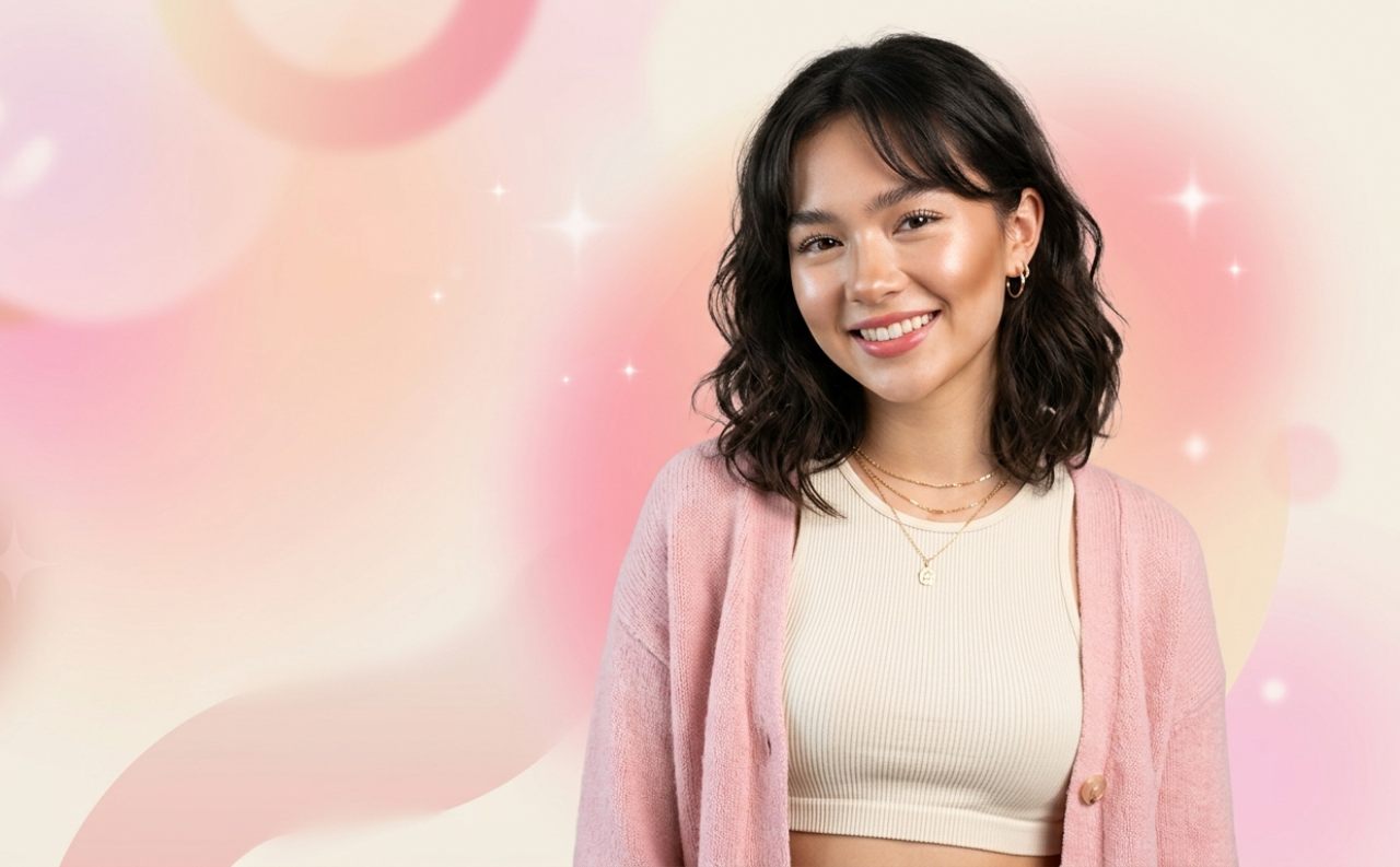 Primo piano di una ragazza sorridente per illustrare come scegliere make-up in base alla forma del viso luminoso stile clean girl