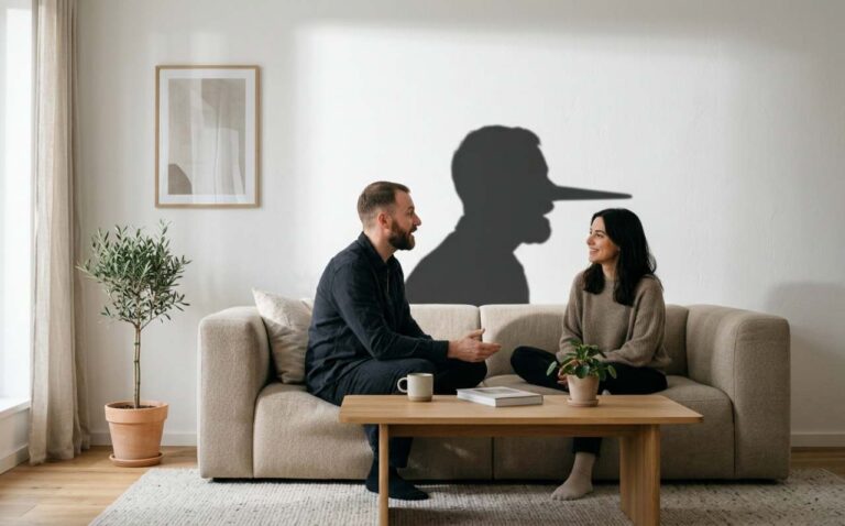 coppia sul divano con ombra sul muro dal naso lungo per scoprire come capire se ti sta mentendo