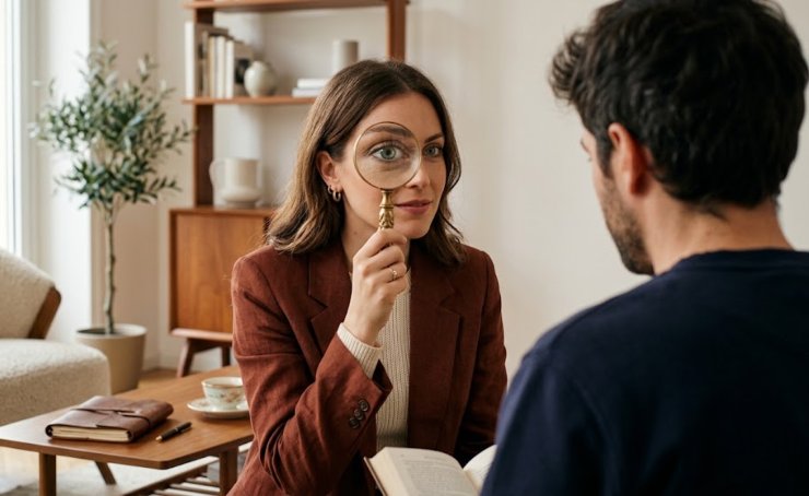 donna che osserva un uomo con una lente d'ingrandimento vintage in un appartamento moderno