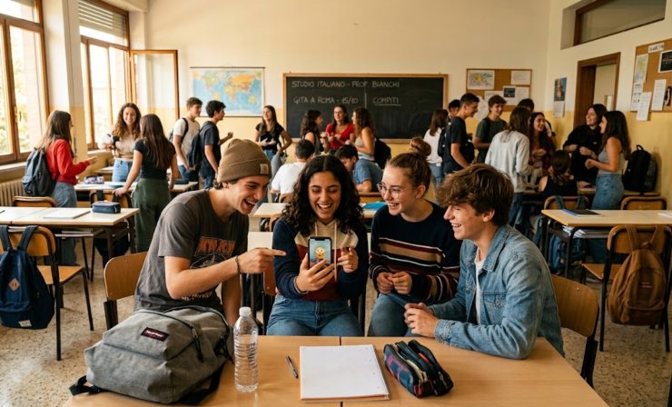 Studenti delle superiori che ridono e socializzano in classe durante la ricreazione