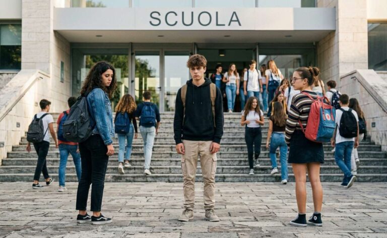 Adolescenti davanti all'ingresso di una scuola superiore con espressioni di ansia da rientro a scuola, mentre sullo sfondo altri studenti salgono le scale ridendo