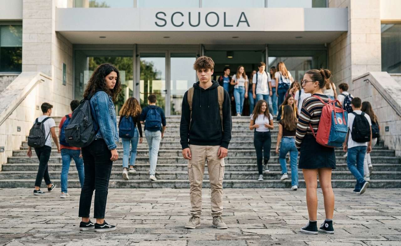 Adolescenti davanti all'ingresso di una scuola superiore con espressioni di ansia da rientro a scuola, mentre sullo sfondo altri studenti salgono le scale ridendo