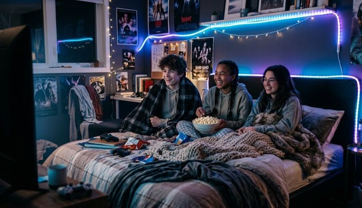 Tre ragazzi teenager in pigiama sul letto guardano una serie TV nello schermo in una stanza illuminata da strisce LED blu e viola