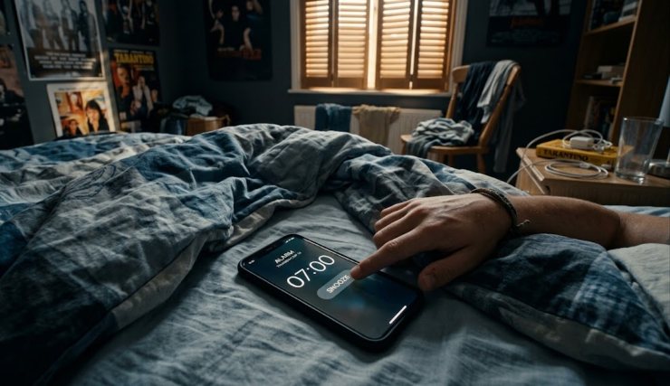 mano di un adolescente che spegne la sveglia delle 07:00 sul cellulare a letto
