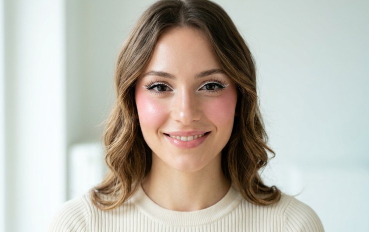Primo piano di una donna sorridente con trucco da bambola, eyeliner bianco e fard rosa acceso sulle guance