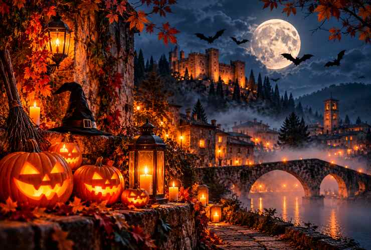 Villaggio medievale stregato al chiaro di luna - LeBisbetiche.com (Credits AI)
