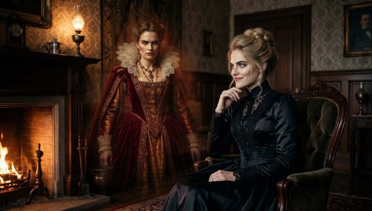 Un'apparizione eterea di Elizabeth Báthory in abito rosso alle spalle di una sorridente Lizzie Borden in una stanza vittoriana