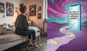 Immagine concettuale divisa in due parti: a sinistra una ragazza seduta sul letto in una camera da letto con poster alle pareti; ai suoi piedi parte una scia di briciole di pane che si estende a destra in un deserto viola surreale, conducendo a un enorme smartphone con un messaggio di chat vago per breadcrumbing