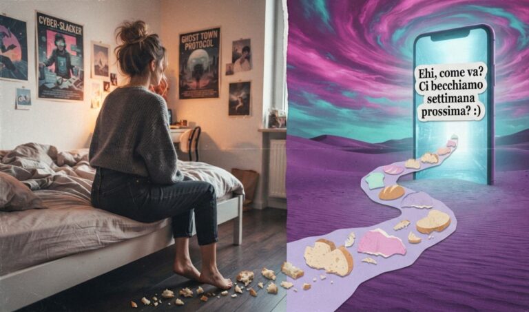 Immagine concettuale divisa in due parti: a sinistra una ragazza seduta sul letto in una camera da letto con poster alle pareti; ai suoi piedi parte una scia di briciole di pane che si estende a destra in un deserto viola surreale, conducendo a un enorme smartphone con un messaggio di chat vago per breadcrumbing